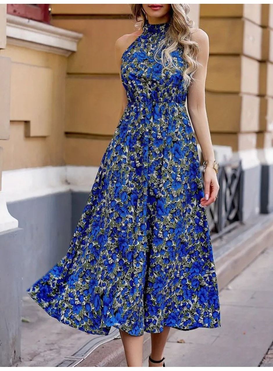 Kadın Omuzlardan Açık Daire Yaka Desenli Maxi Süprem Elbise