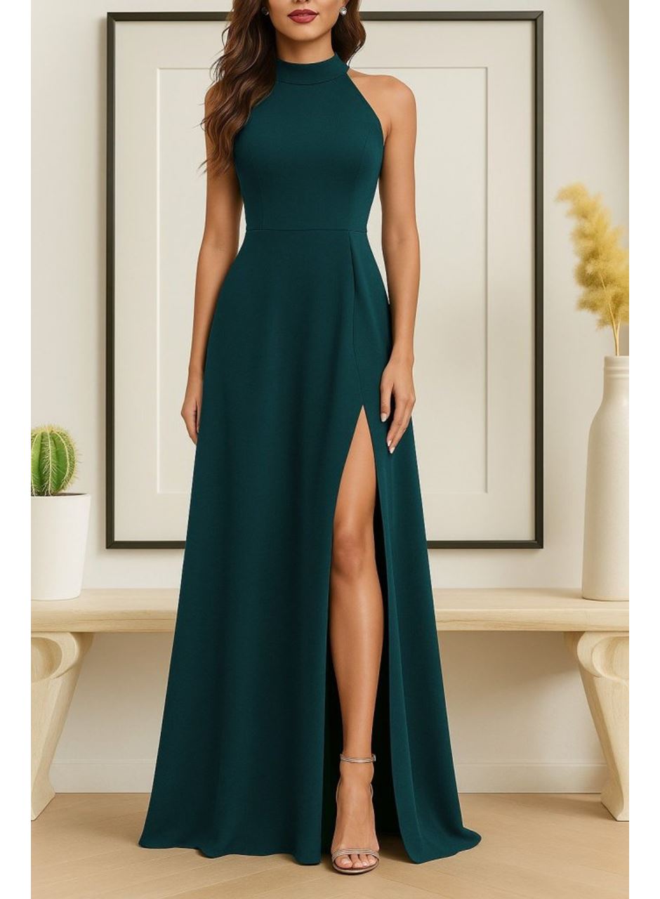 Kadın Kolsuz Halter Yaka Derin Yırtmaç Detaylı Tam Boy Ithal Krep Elbise