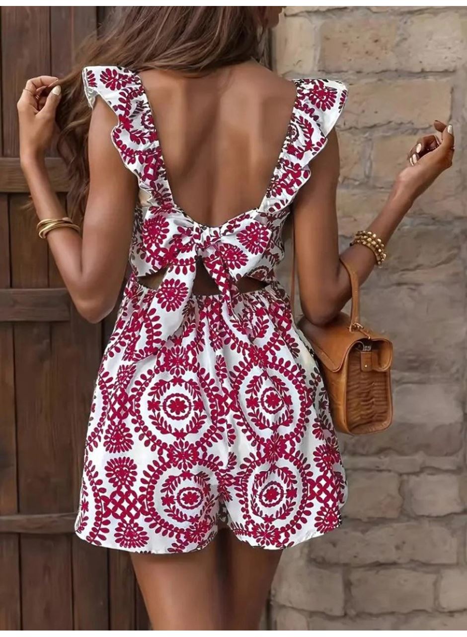 Kadın Askılı Kare Yakalı Arkadan Bağcıklı Desenli Keten Tulum