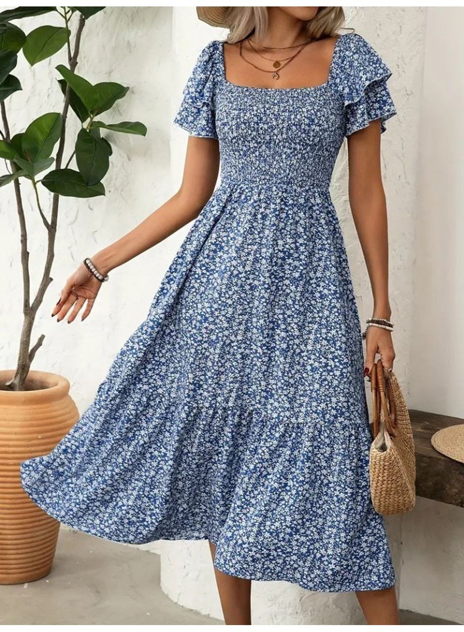 Kadın Kısa Kollu Gipe Detaylı Desenli Midi Süprem Elbise