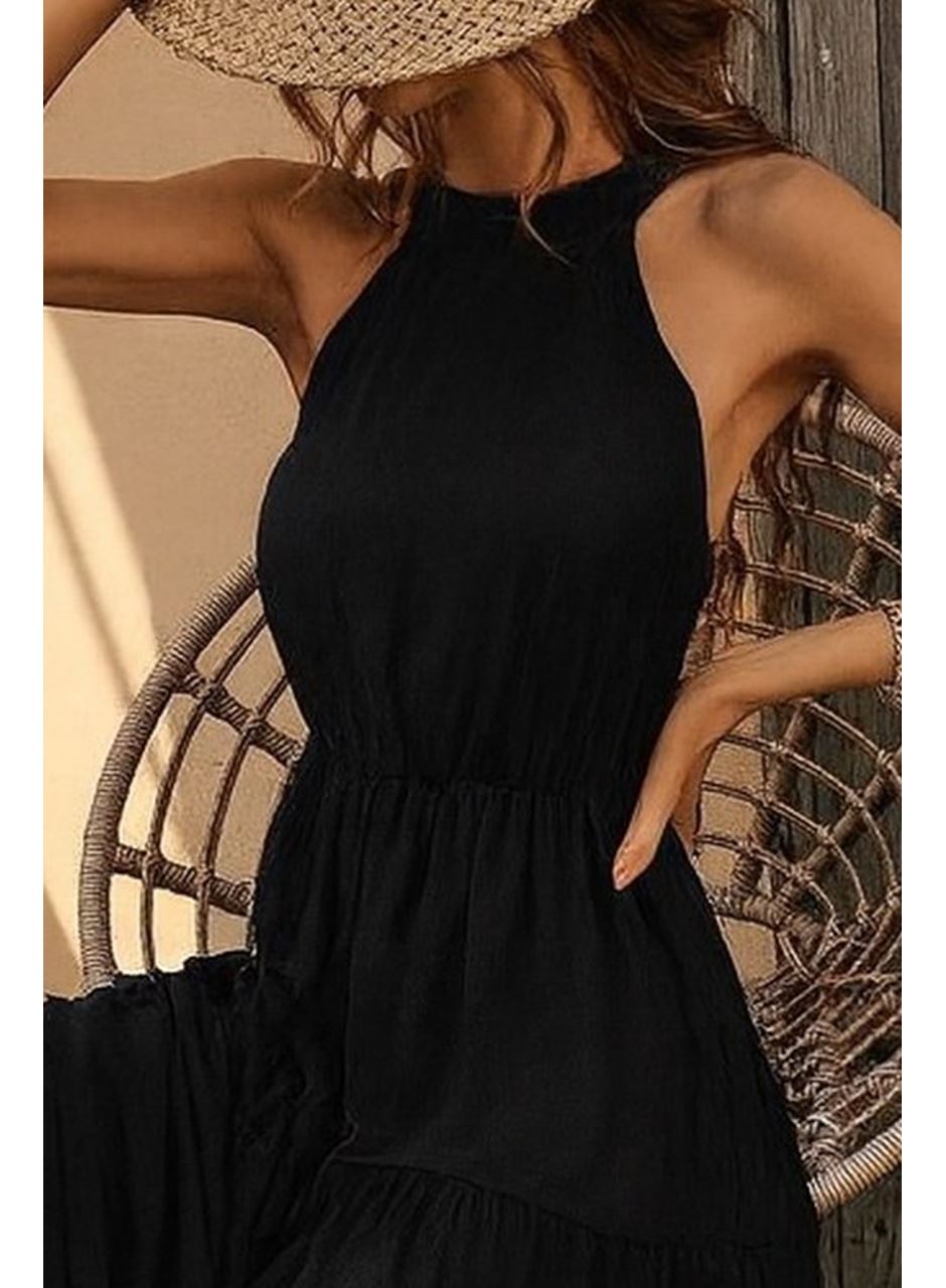 Kadın Kolsuz Halter Yaka Beli Lastiklidesenli Mikro Elbise