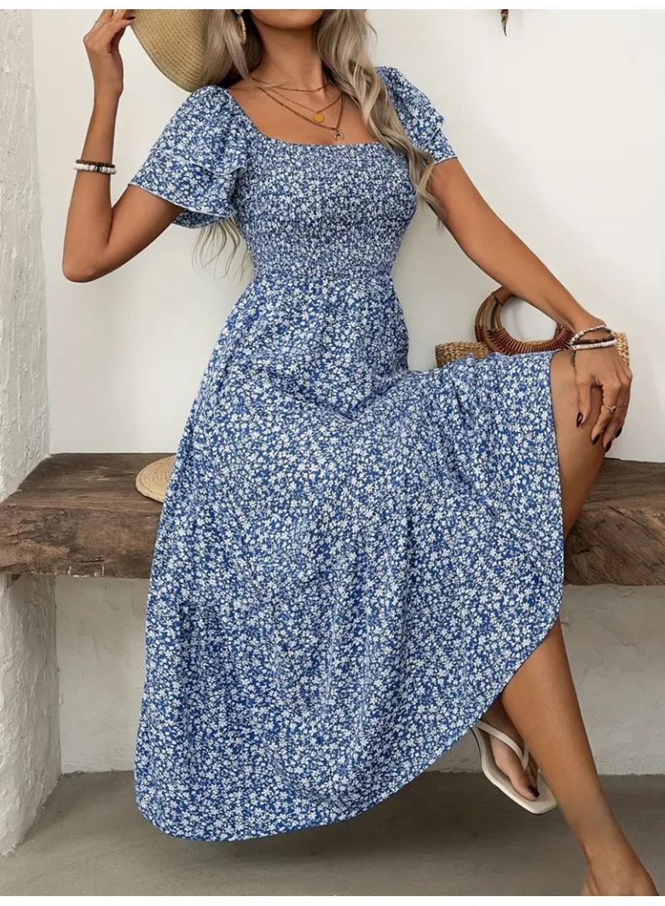 Kadın Kısa Kollu Gipe Detaylı Desenli Midi Süprem Elbise