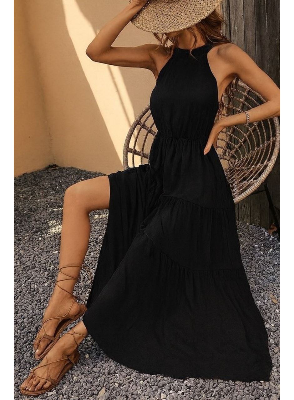 Kadın Kolsuz Halter Yaka Beli Lastiklidesenli Mikro Elbise