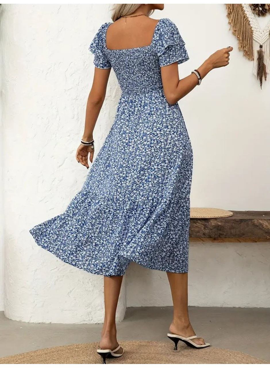 Kadın Kısa Kollu Gipe Detaylı Desenli Midi Süprem Elbise