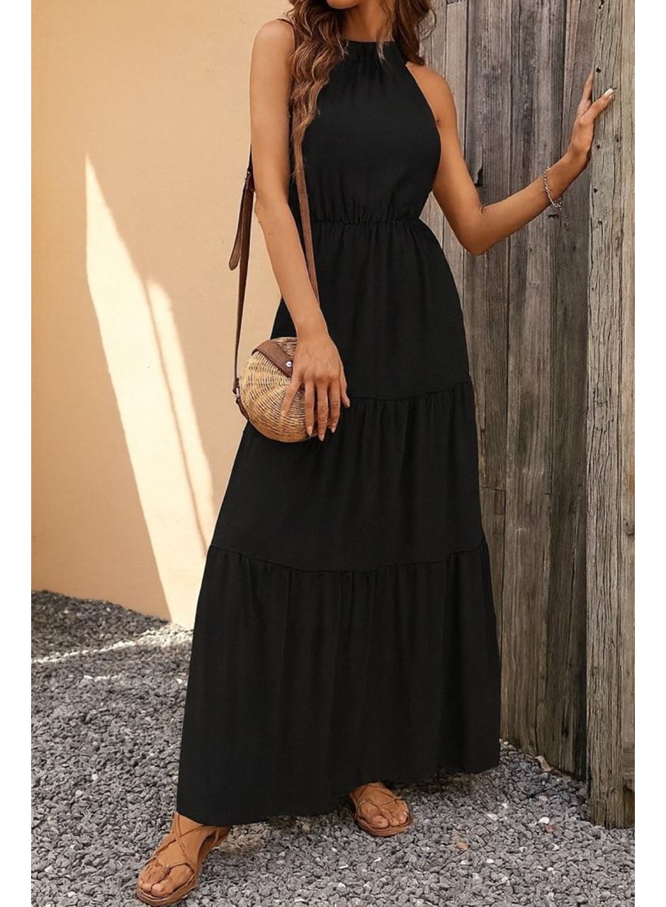 Kadın Kolsuz Halter Yaka Beli Lastiklidesenli Mikro Elbise