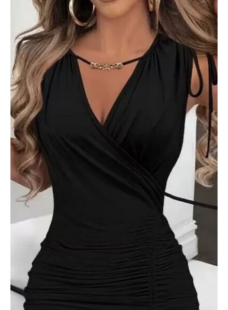 Kadın Sıfır Kollu V Yakalı Yırtmaç Detaylı Beli Büzgülü Omuzdan Bağcıklı Sandy Maxi Elbise