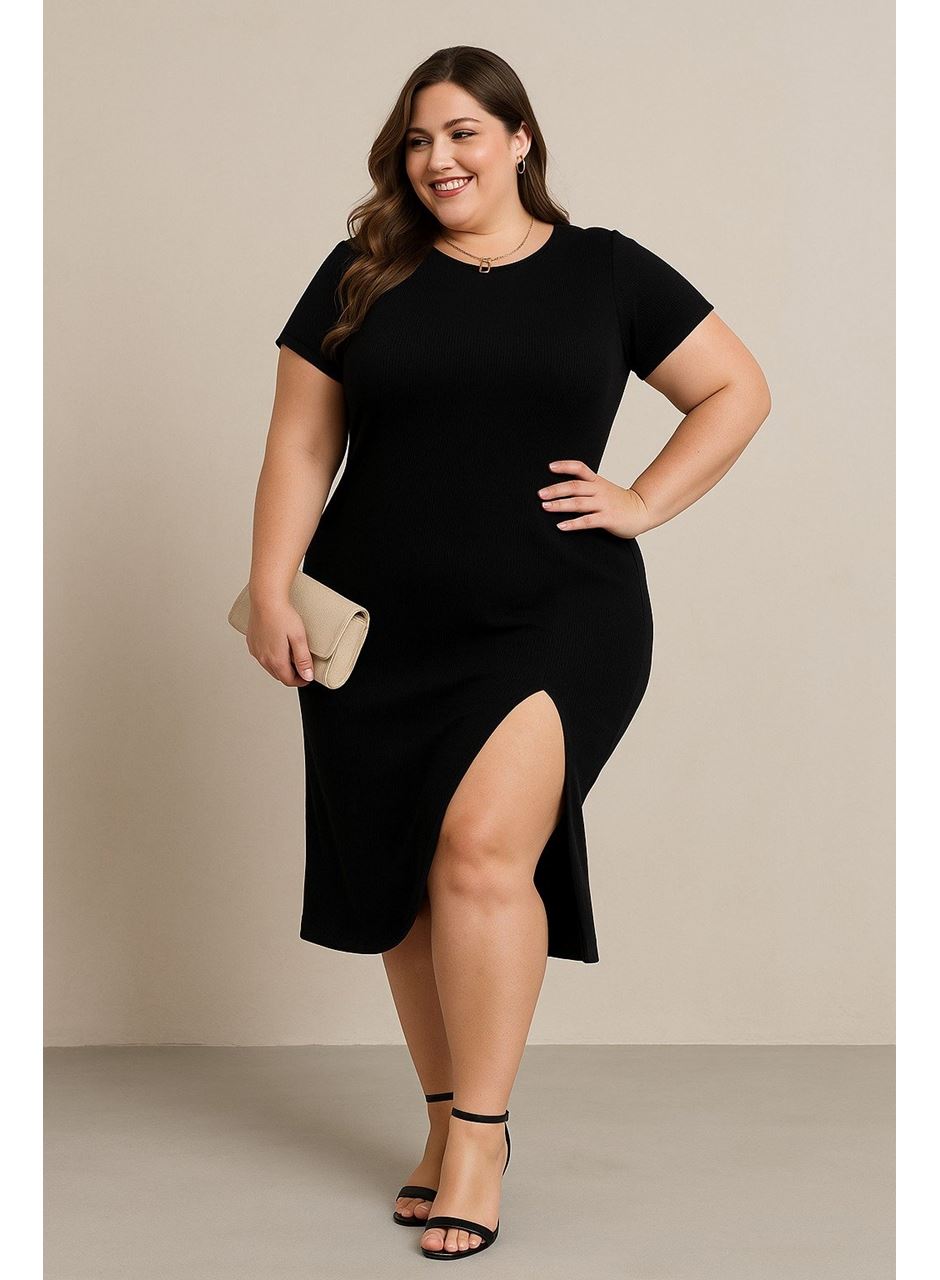 Kadın Büyük Beden Kısa Kollu Yanı Yırtmaçlı Bisiklet Yaka Viskon Elbise