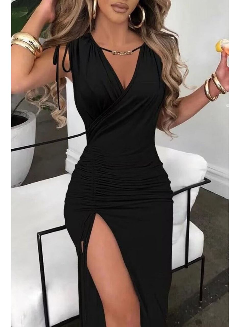 Kadın Sıfır Kollu V Yakalı Yırtmaç Detaylı Beli Büzgülü Omuzdan Bağcıklı Sandy Maxi Elbise