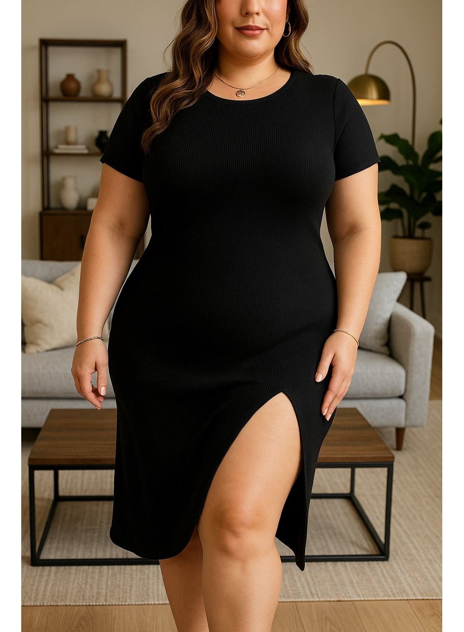 Kadın Büyük Beden Kısa Kollu Yanı Yırtmaçlı Bisiklet Yaka Viskon Elbise