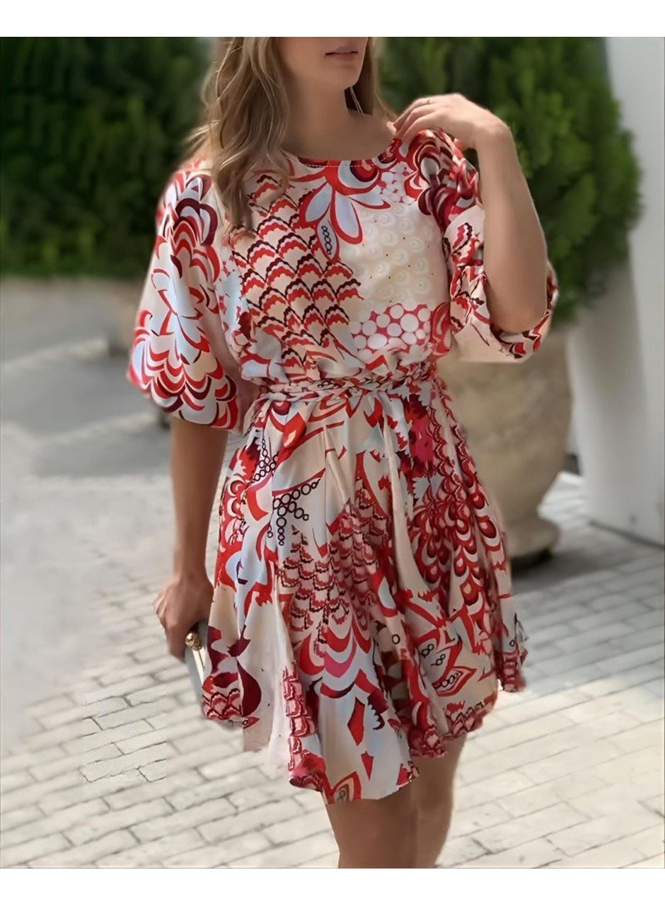 Kadın Kısa Balon Kollu Yuvarlak Yakalı Pileli Desenli Mini Elbise
