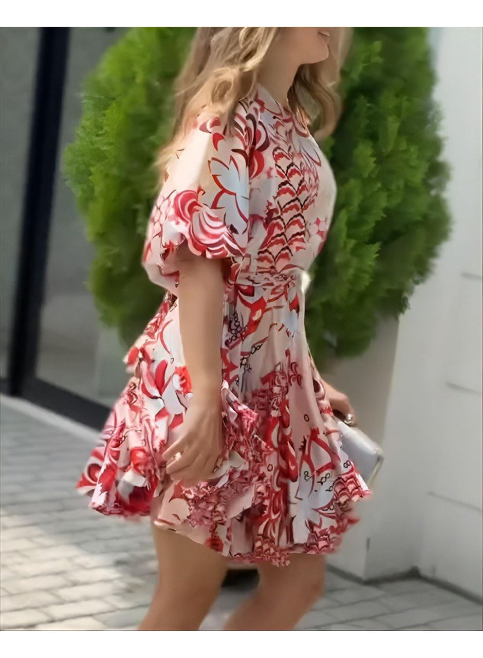 Kadın Kısa Balon Kollu Yuvarlak Yakalı Pileli Desenli Mini Elbise