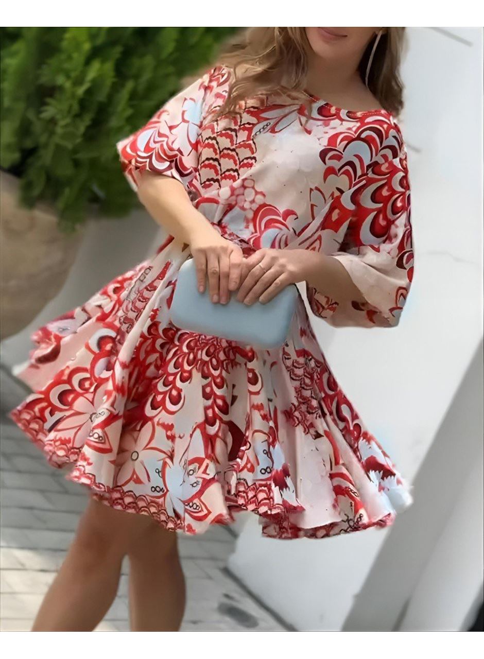 Kadın Kısa Balon Kollu Yuvarlak Yakalı Pileli Desenli Mini Elbise
