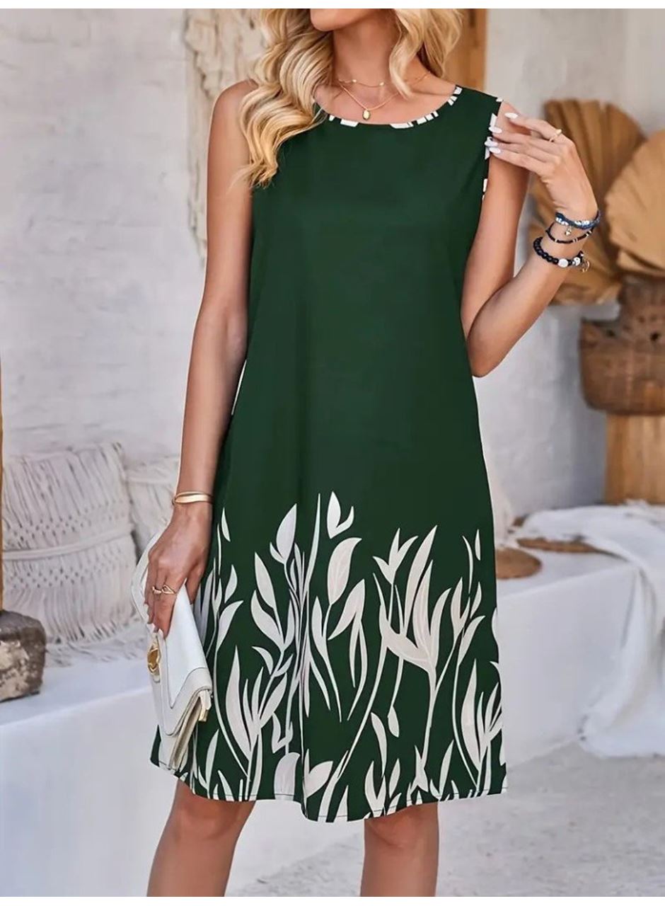 Kadın Askılı Yuvarlak Yakalı Yaprak Desenli Dalgıç Elbise