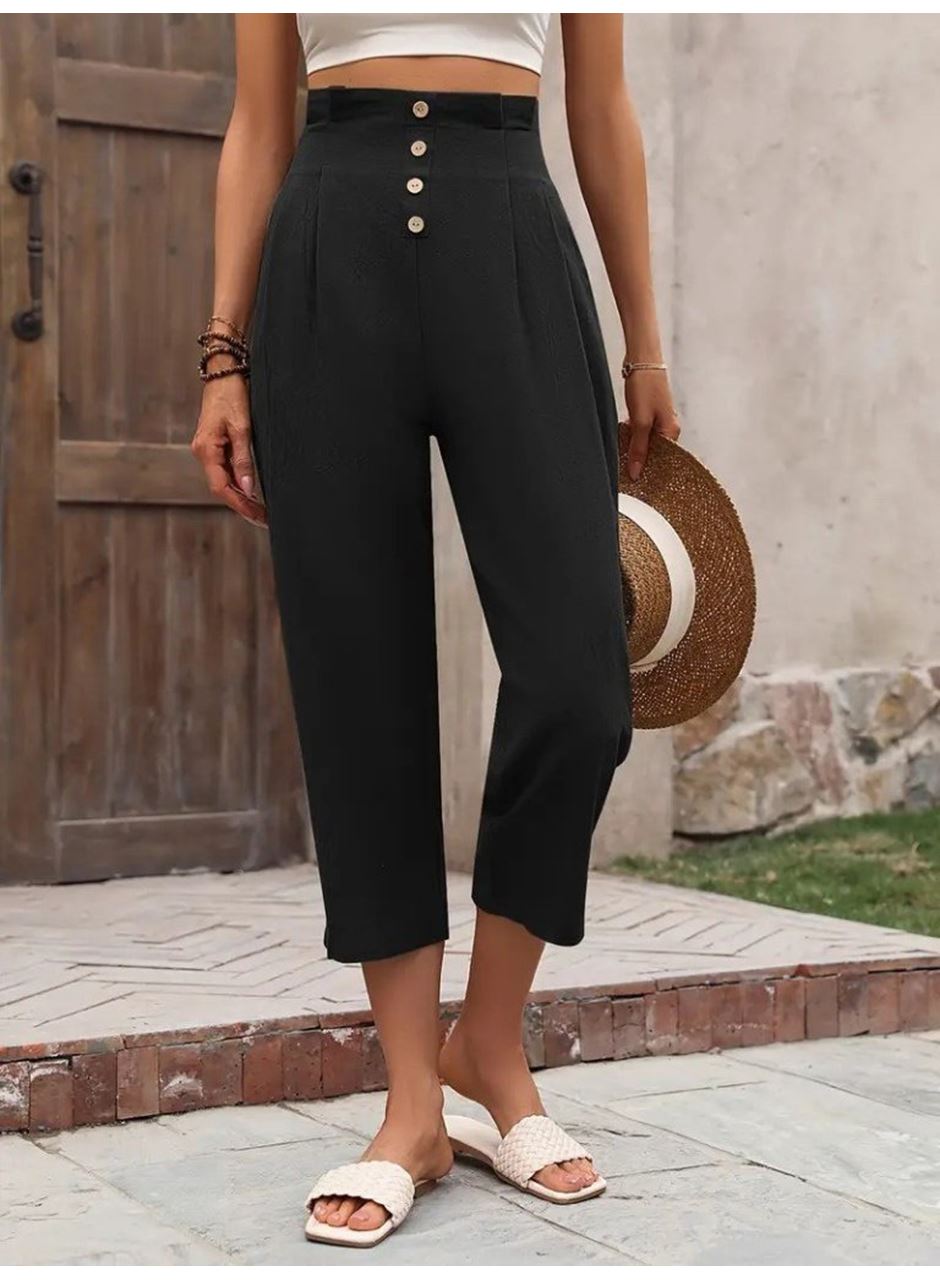 Kadın Yüksek Belli önden Düğmeli Ithal Keten Pantolon