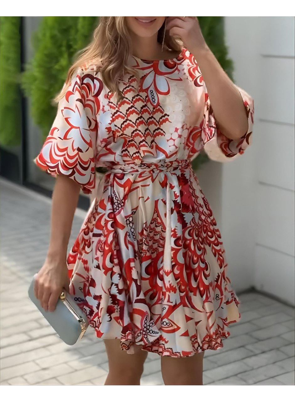 Kadın Kısa Balon Kollu Yuvarlak Yakalı Pileli Desenli Mini Elbise