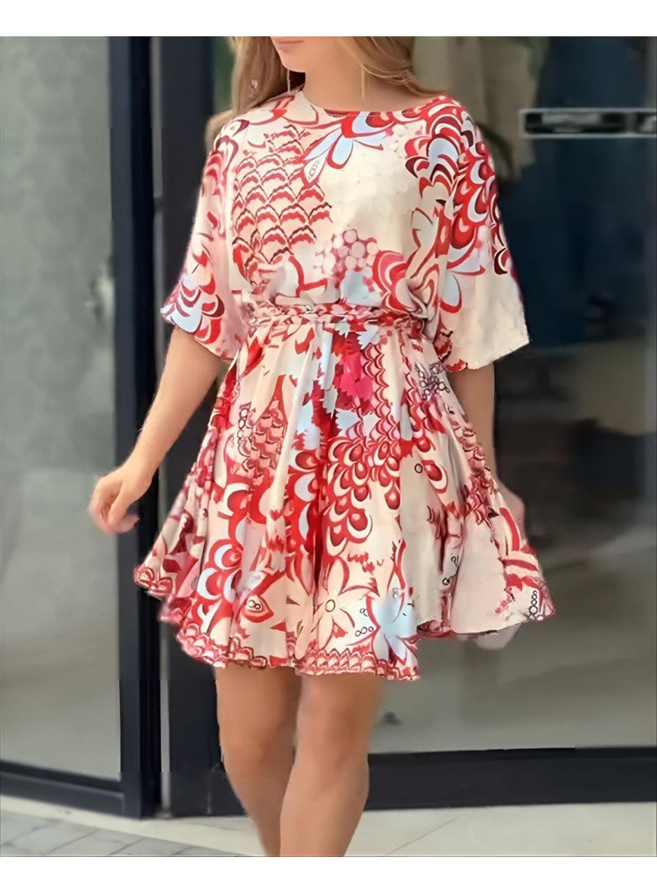 Kadın Kısa Balon Kollu Yuvarlak Yakalı Pileli Desenli Mini Elbise
