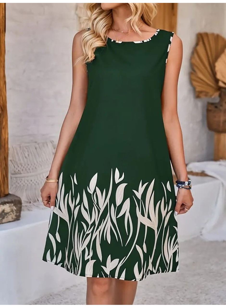 Kadın Askılı Yuvarlak Yakalı Yaprak Desenli Dalgıç Elbise