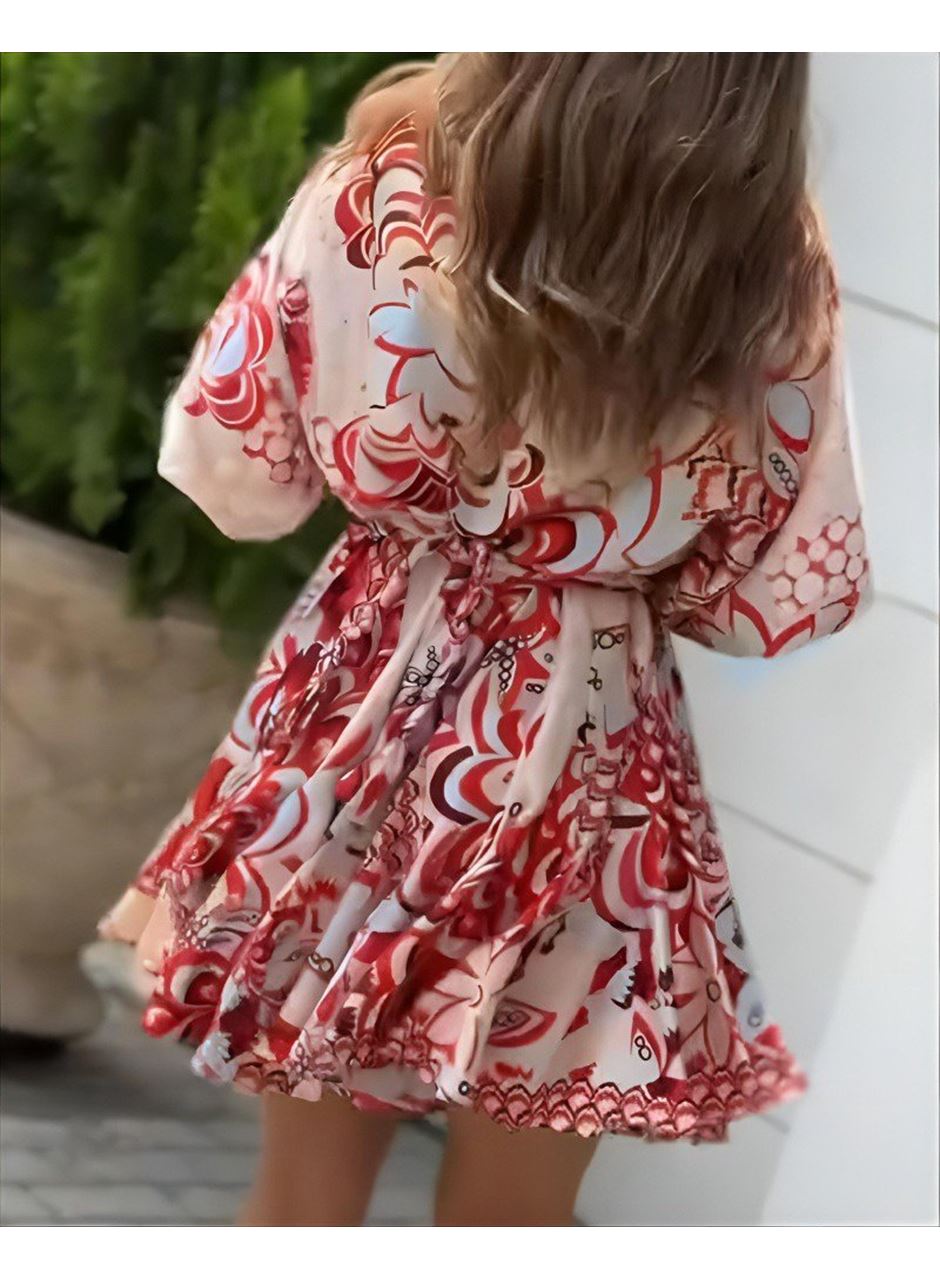 Kadın Kısa Balon Kollu Yuvarlak Yakalı Pileli Desenli Mini Elbise