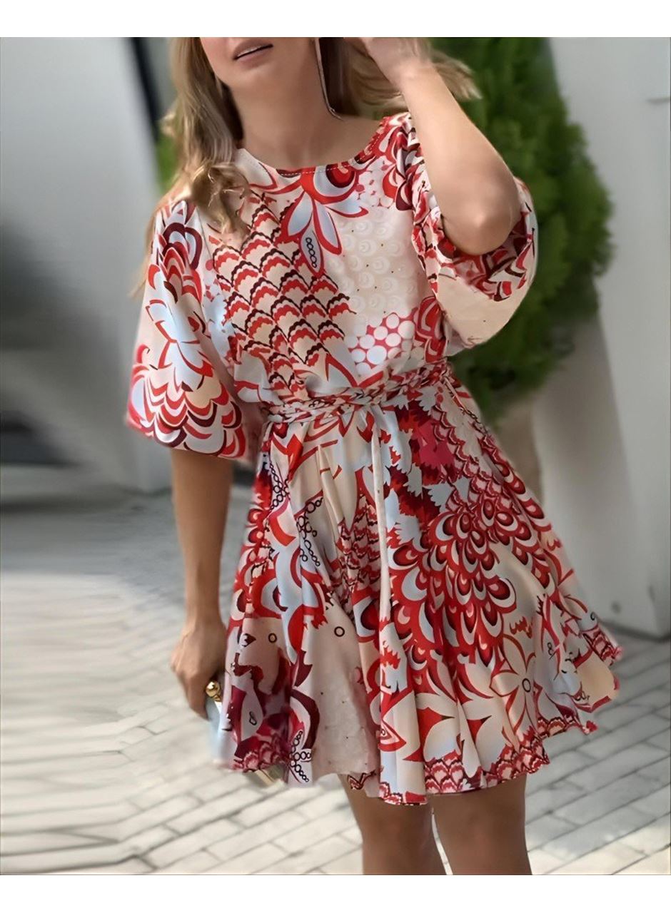 Kadın Kısa Balon Kollu Yuvarlak Yakalı Pileli Desenli Mini Elbise