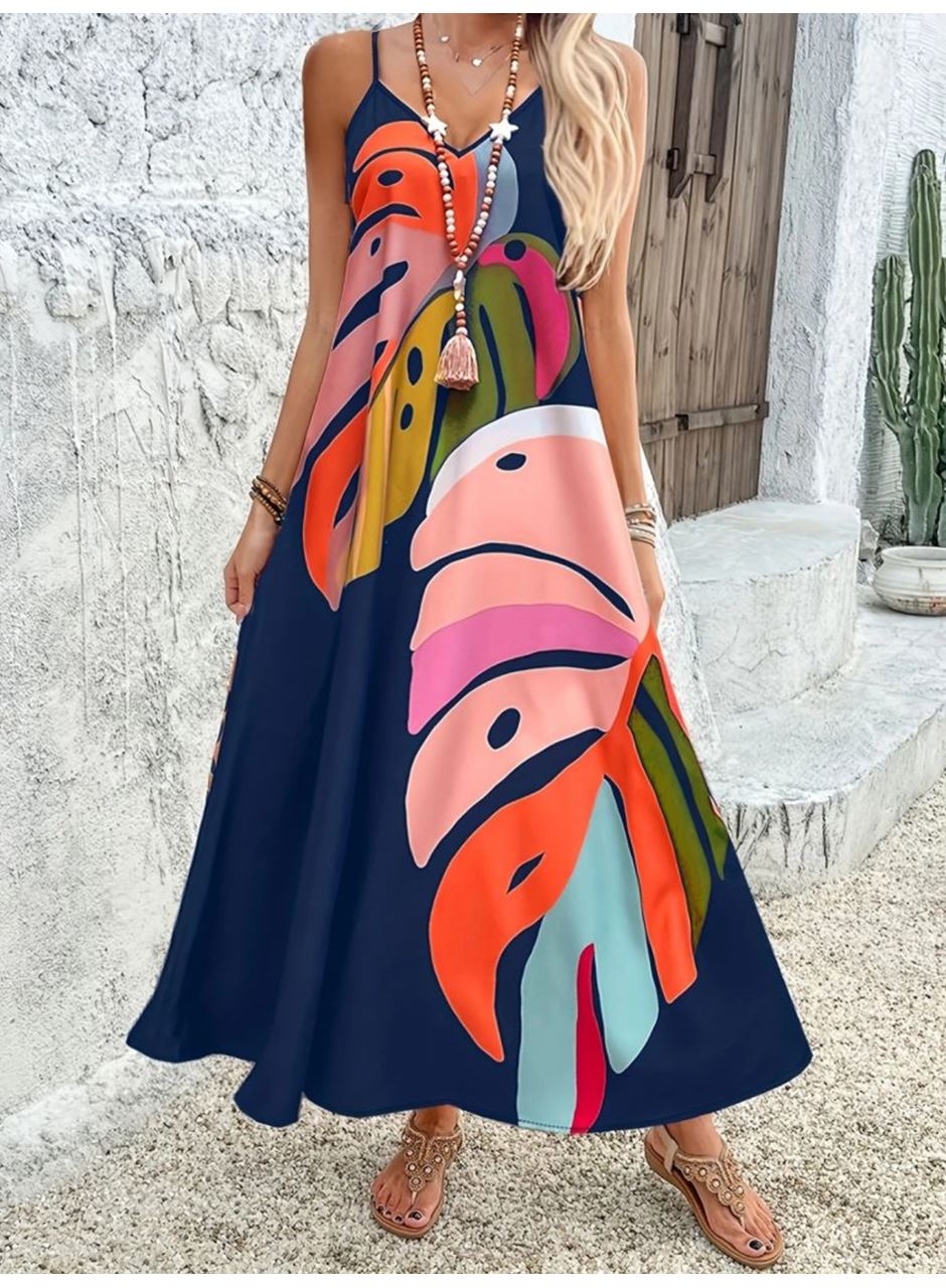 Kadın Ip Askılı V Yakalı Desenli Süprem Maxi Elbise