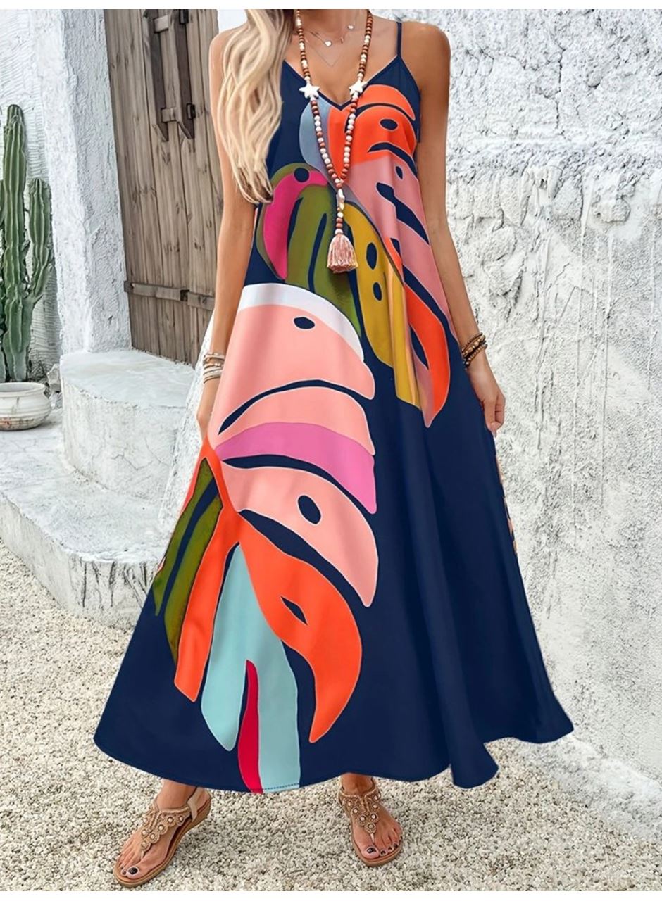 Kadın Ip Askılı V Yakalı Desenli Süprem Maxi Elbise