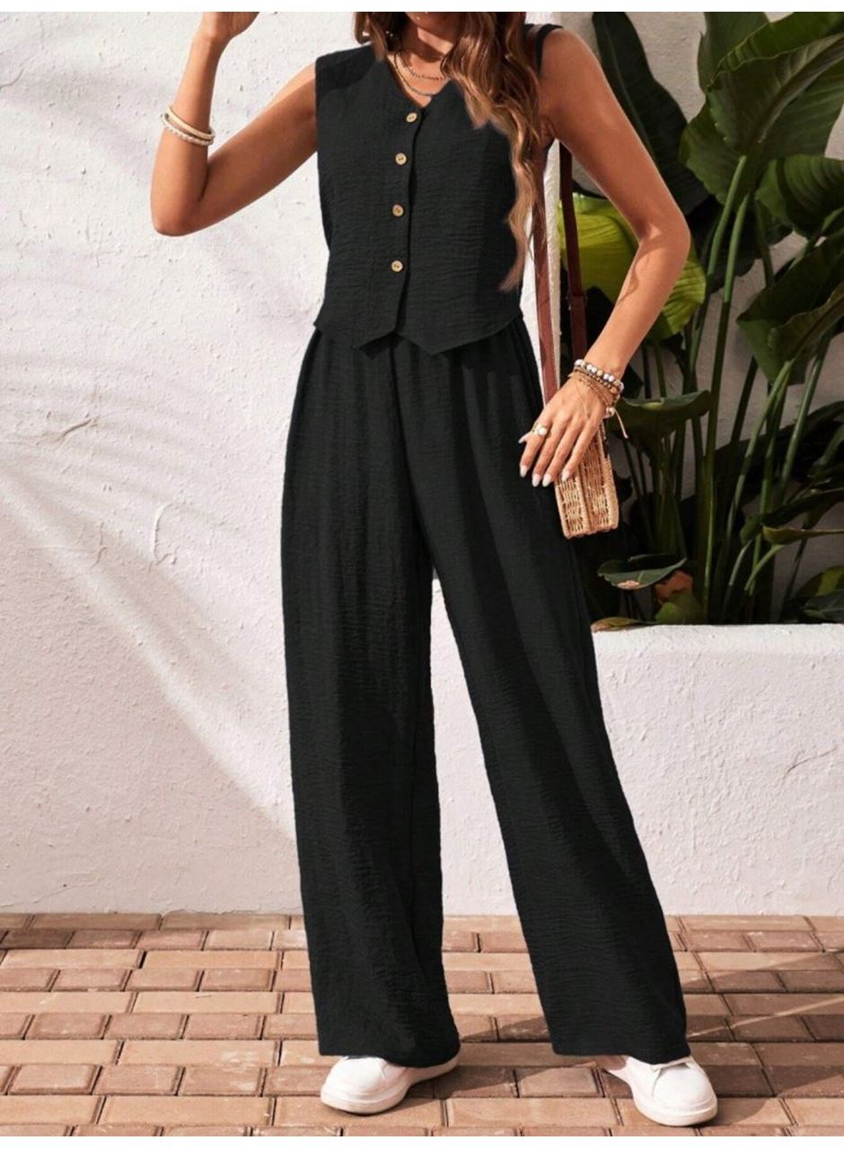 Kadın Sıfır Kollu Düğmeli Yelek Ve Pantolon Bürümcük Ikili Takım