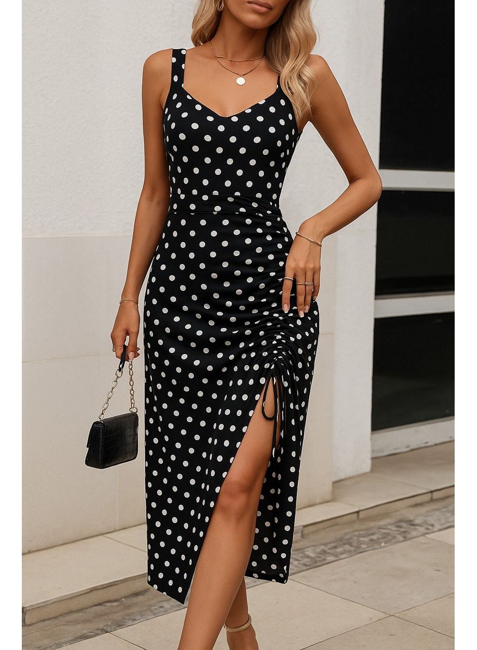 Kadın Askılı Yuvarlak Yaka Kalp Yaka Yandan Büzgülü Yırtmaç Detaylı Puantiyeli örme Krep Elbise