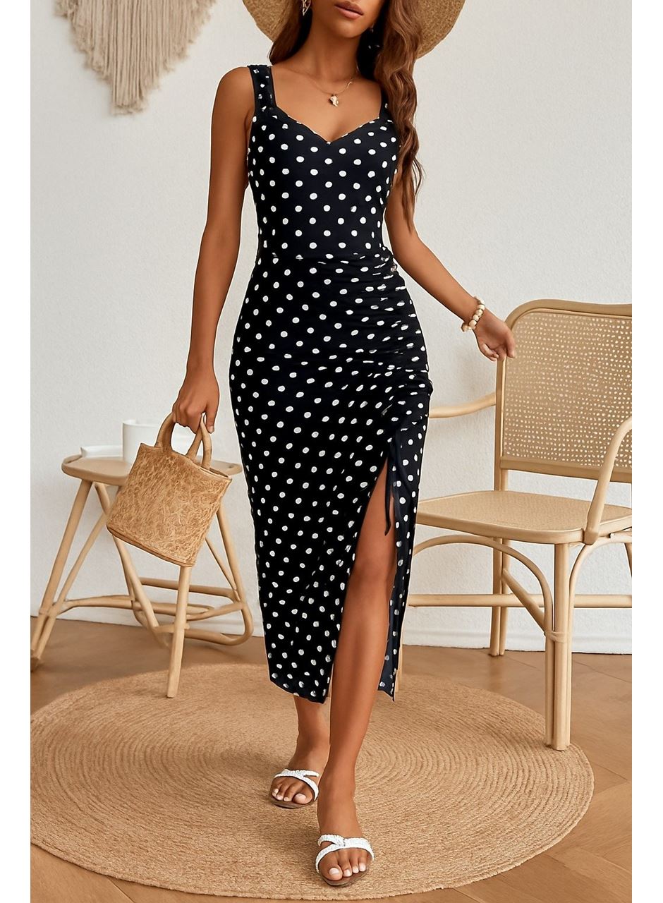 Kadın Askılı Yuvarlak Yaka Kalp Yaka Yandan Büzgülü Yırtmaç Detaylı Puantiyeli örme Krep Elbise