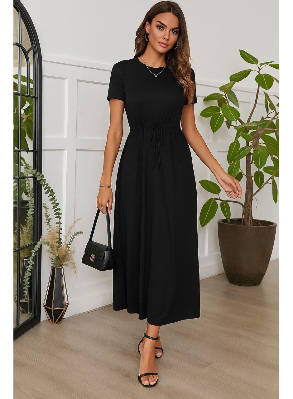 Kadın Kısa Kollu Bisiklet Yaka Belden Bağlamalı önü Bağcık Detaylı Maksi Boy Viskon Elbise