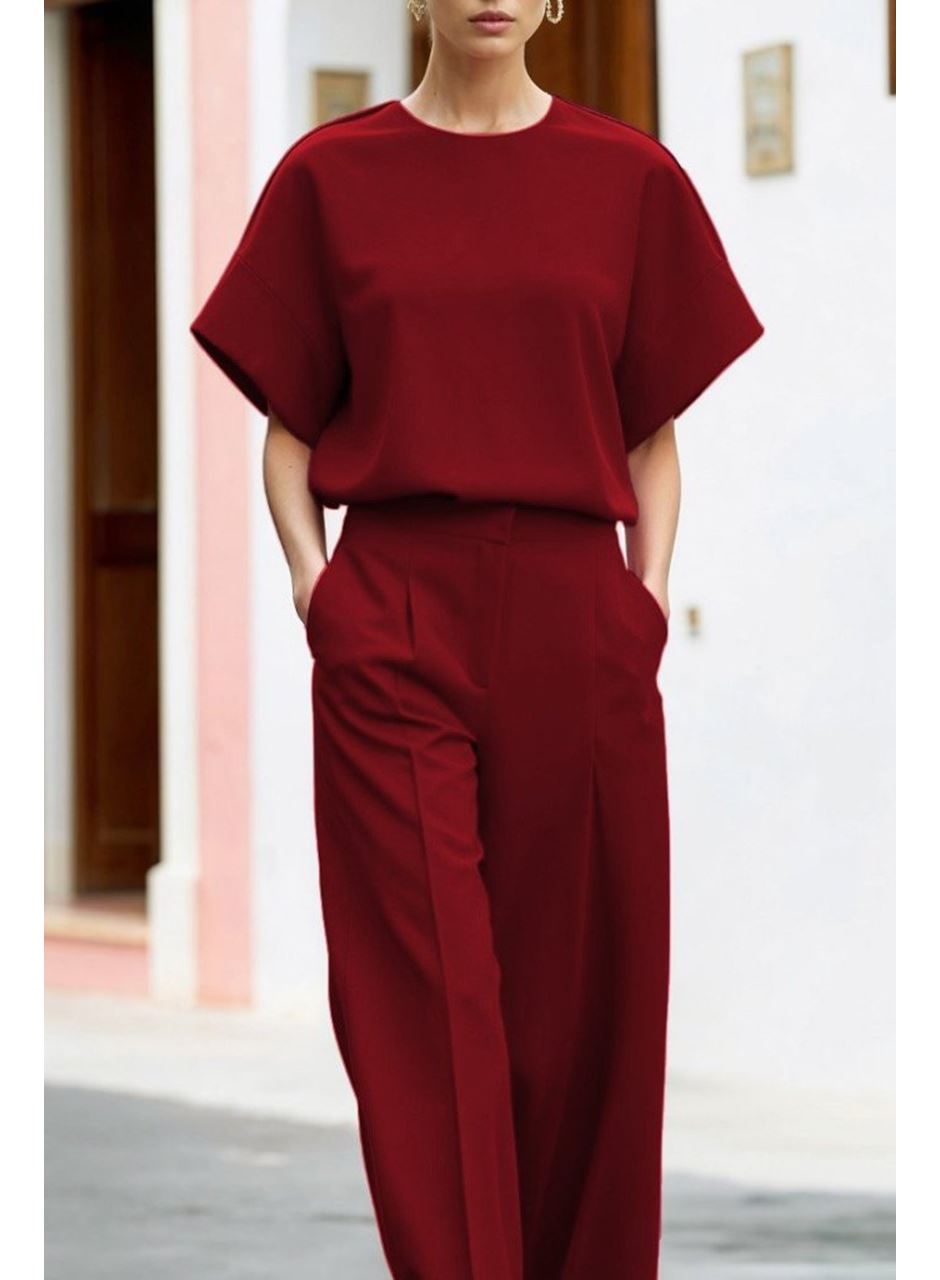 Kadın Kısa Kollu Bisiklet Yaka Bluz Yüksek Bel Cep Detaylı Pantolon Atlas Ikili Takım
