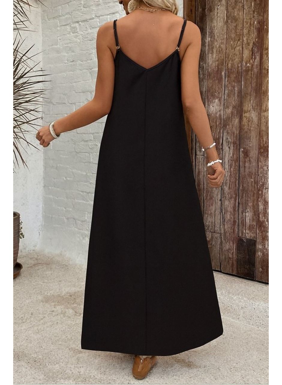 Kadın Ip Askılı Geniş V Yakalı Desenli Süprem Elbise