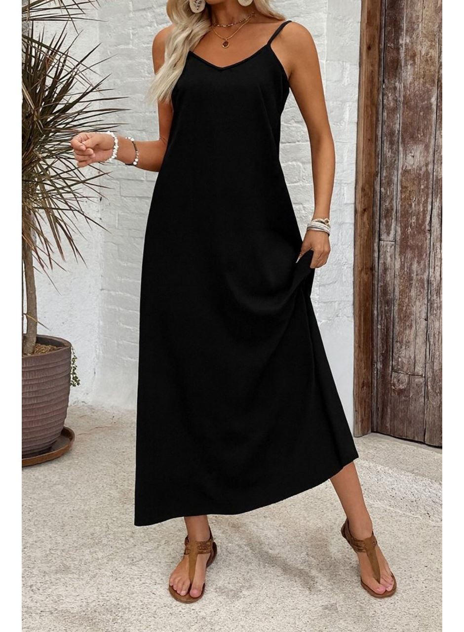 Kadın Ip Askılı Geniş V Yakalı Desenli Süprem Elbise