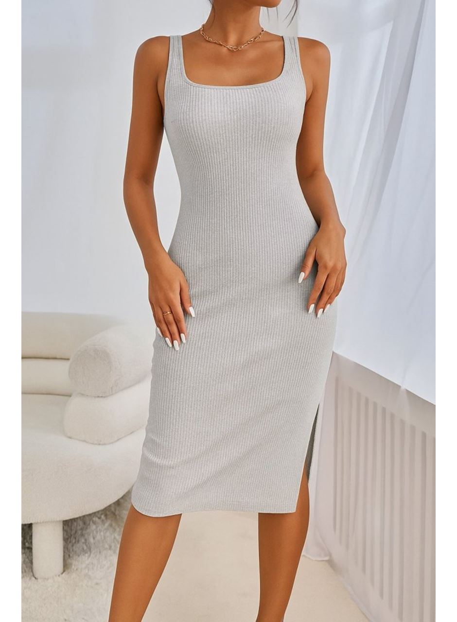 Kadın Askılı Kare Yaka Yandan Yırtmaçlı Midi Kaşkorse Elbise