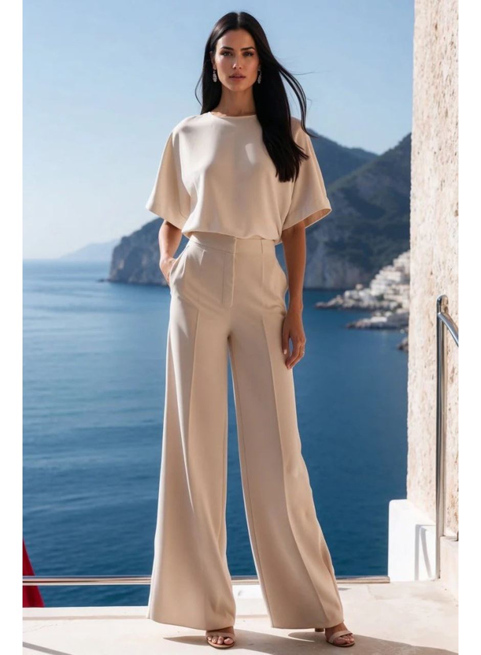 Kadın Kısa Kollu Bisiklet Yaka Bluz Yüksek Bel Cep Detaylı Pantolon Atlas Ikili Takım
