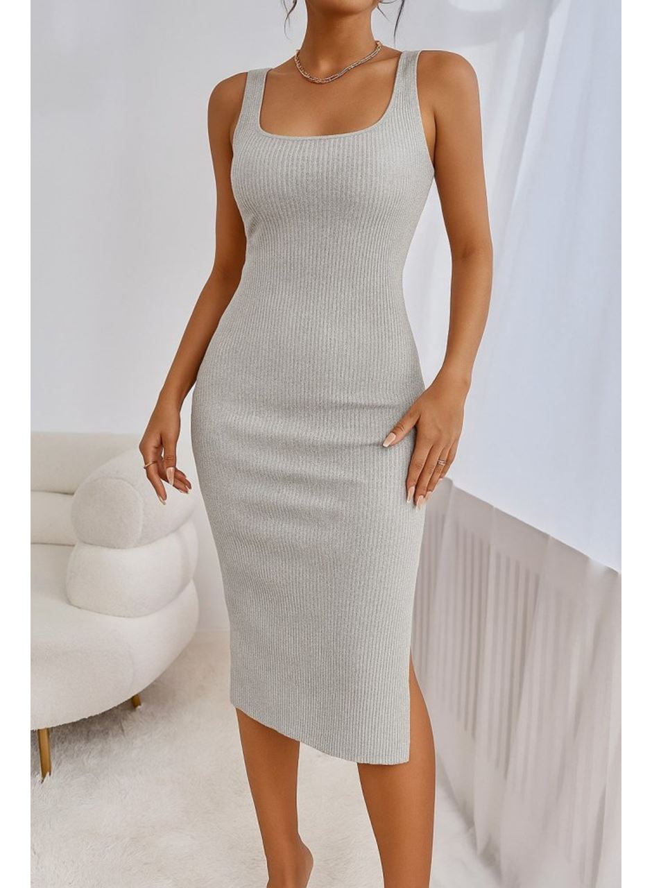 Kadın Askılı Kare Yaka Yandan Yırtmaçlı Midi Kaşkorse Elbise