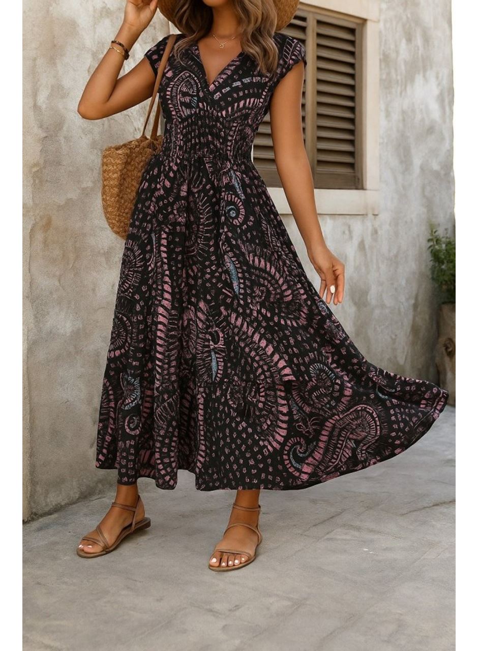 Kadın Kısa Yarasa Kanat Kollu V Yakalı Beli Büzgülü Süprem Elbise