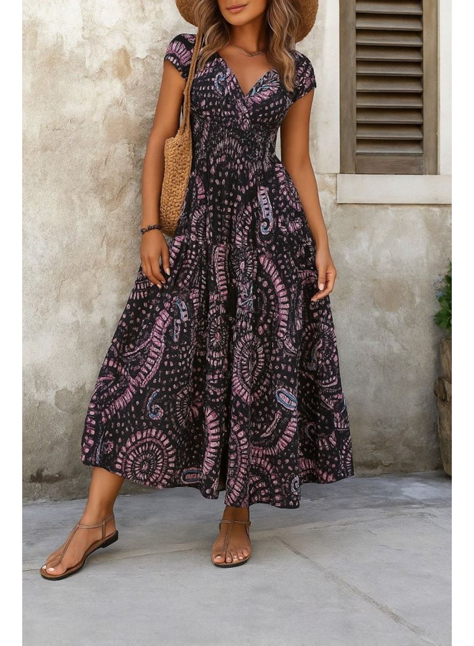 Kadın Kısa Yarasa Kanat Kollu V Yakalı Beli Büzgülü Süprem Elbise