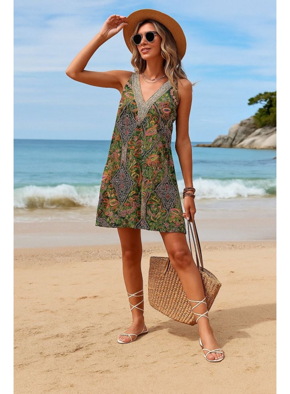 Kadın Kısa Kollu Dantel V Yakalı Desenli Süprem Elbise