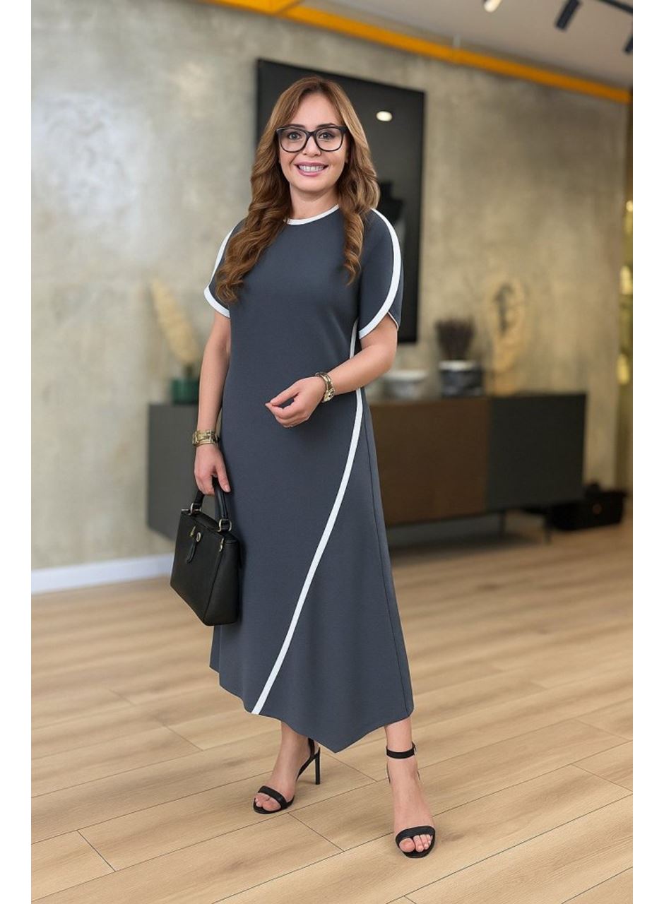 Kadın Kısa Kollu Bisiklet Yaka çift şerit Renk Detaylı Asimetrik Kesim Viskon Iki Iplik Elbise