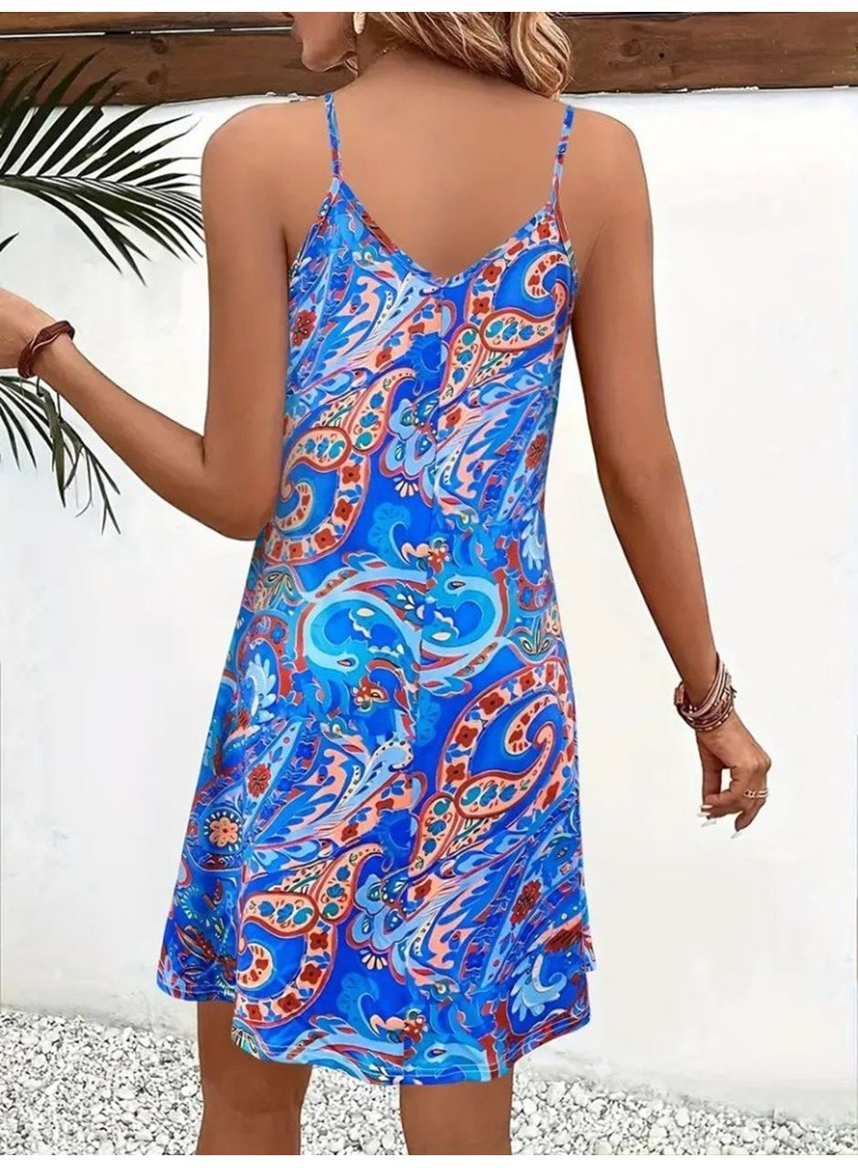 Kadın Ip Askılı V Yakalı Desenli Kısa Süprem Mini Elbise
