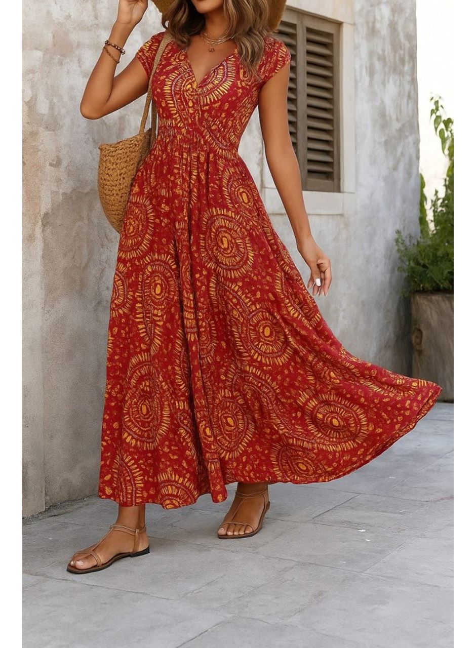 Kadın Kısa Yarasa Kanat Kollu V Yakalı Beli Büzgülü Süprem Elbise