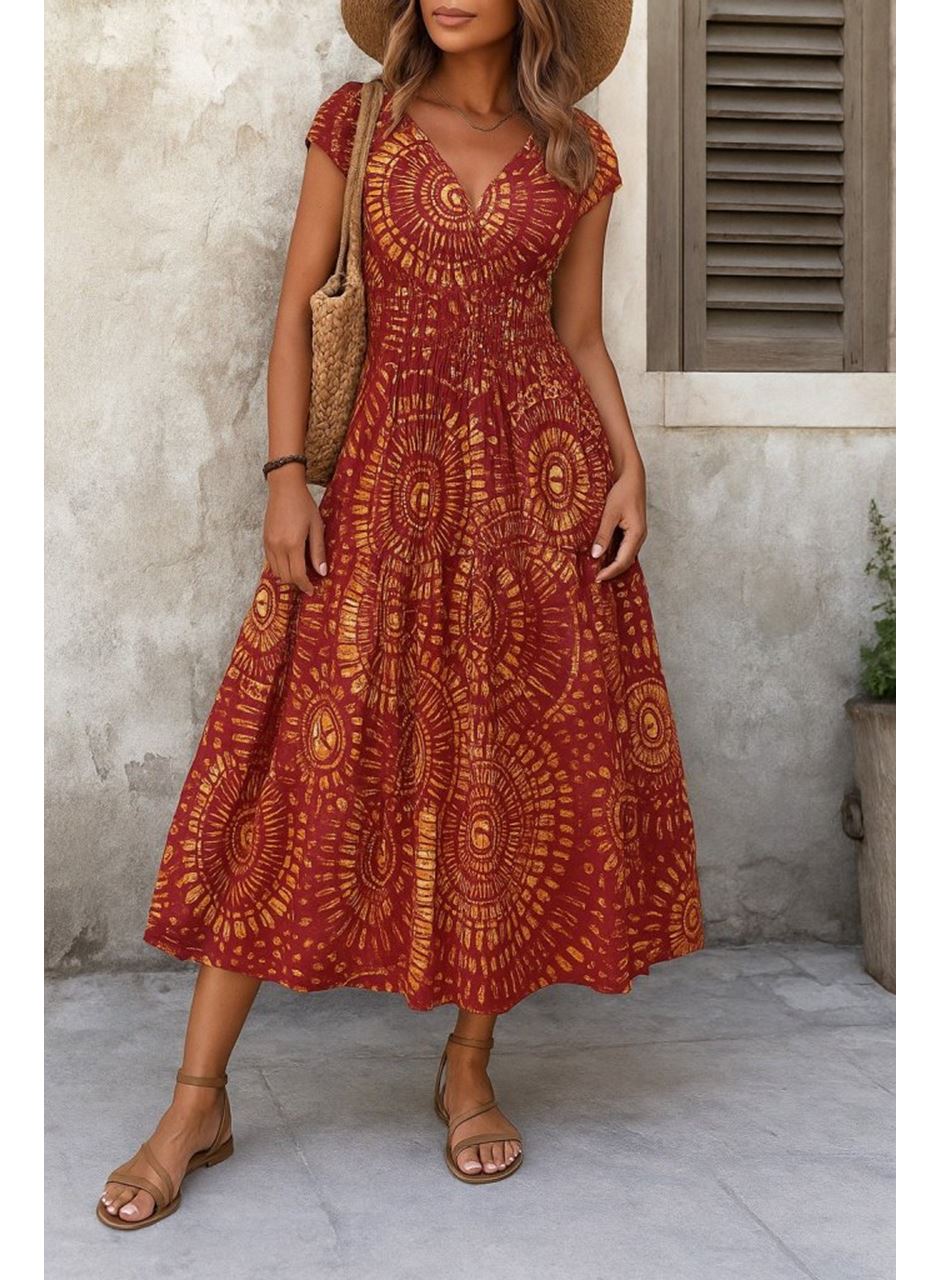 Kadın Kısa Yarasa Kanat Kollu V Yakalı Beli Büzgülü Süprem Elbise