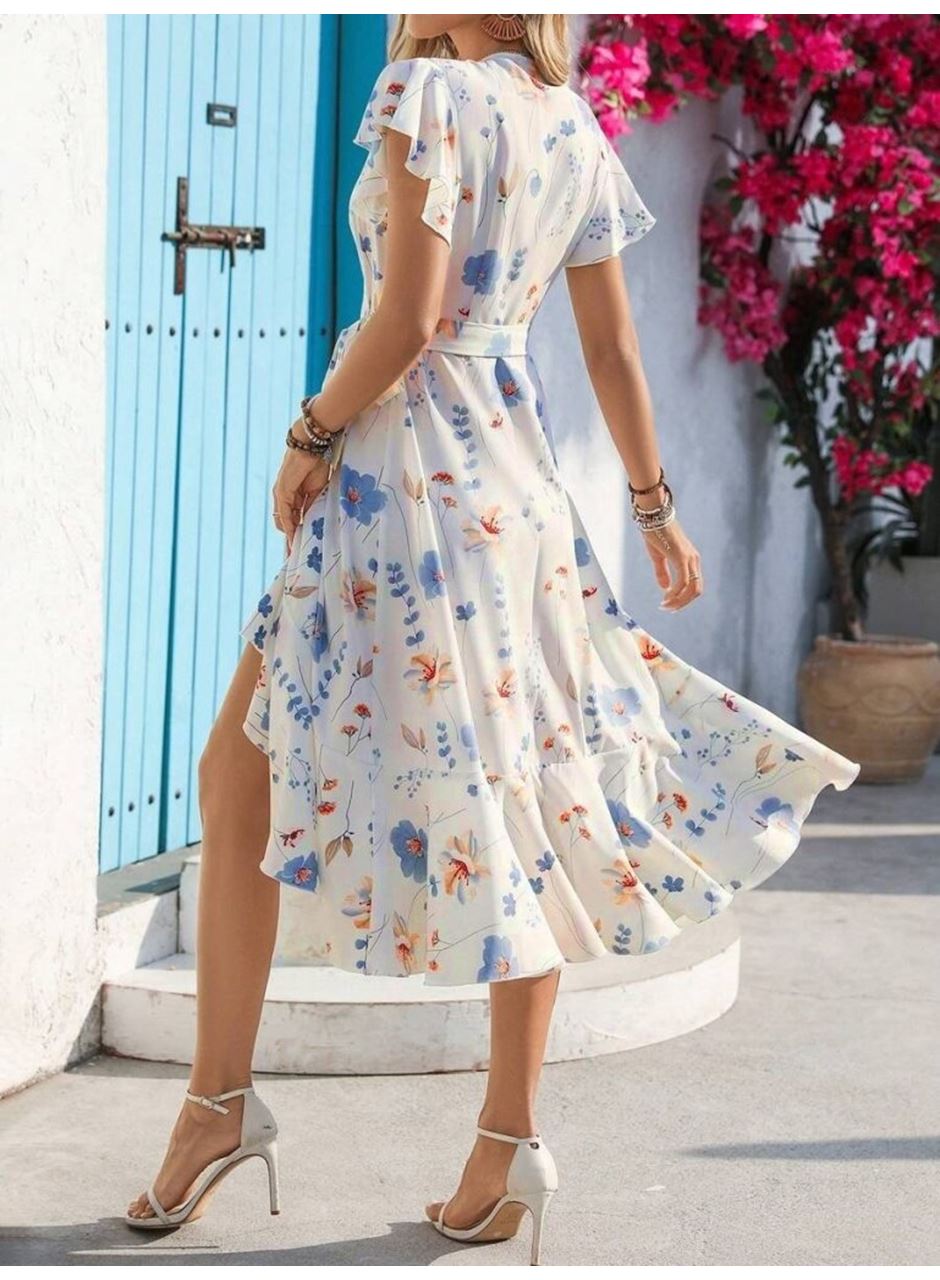 Kadın Kısa Kelebek Kollu Kruvaze Yakalı Belden Kuşaklı Midi Süprem Elbise