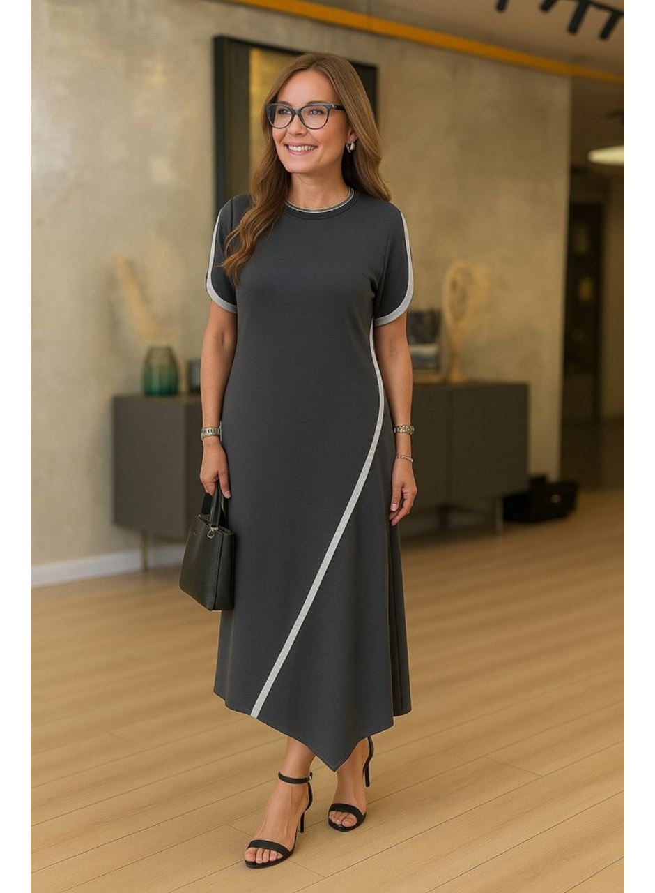 Kadın Kısa Kollu Bisiklet Yaka çift şerit Renk Detaylı Asimetrik Kesim Viskon Iki Iplik Elbise