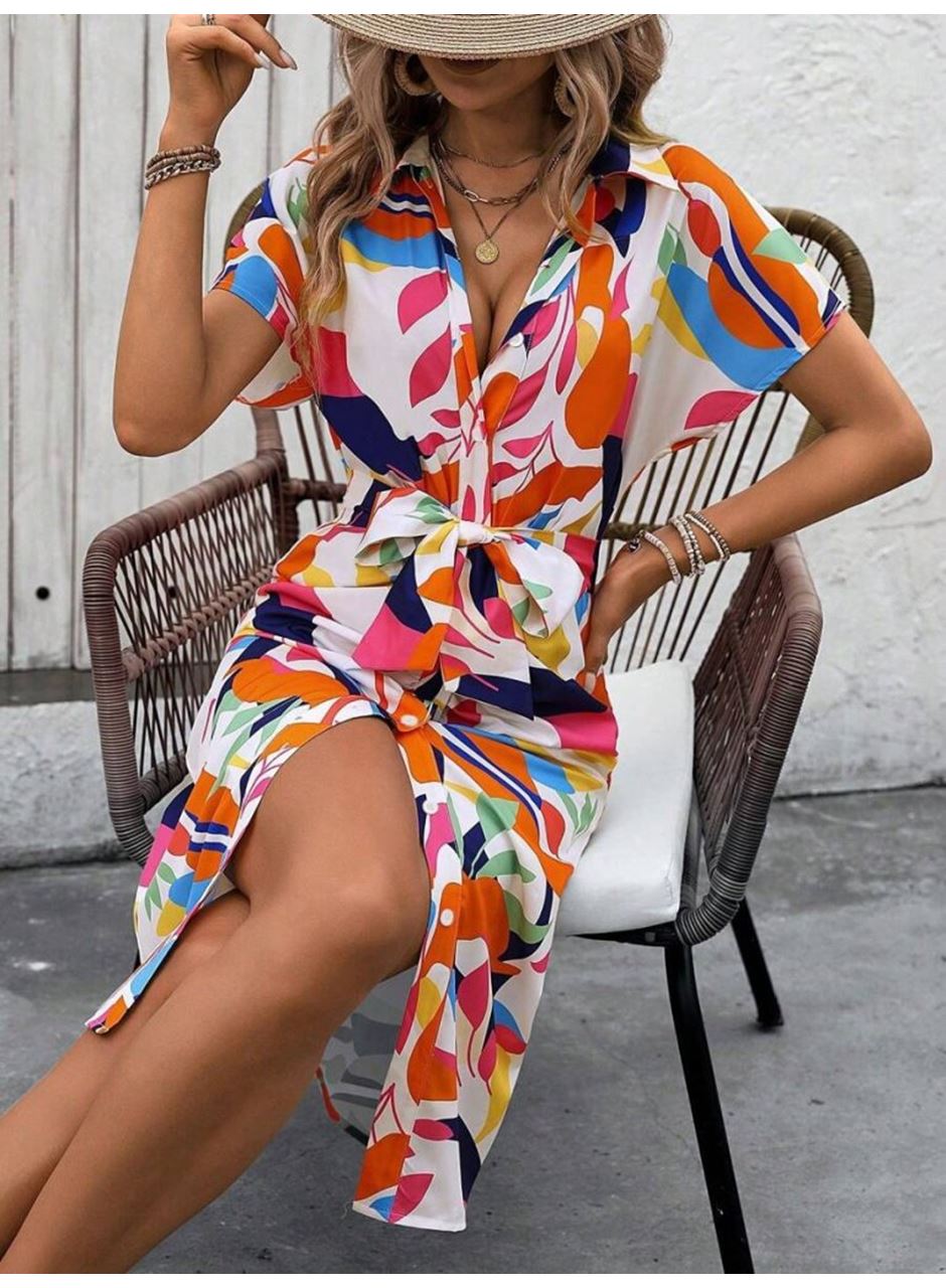 Kadın Kısa Kollu Yakalı önü Düğmeli önden Drapeli Desenli Süprem Elbise