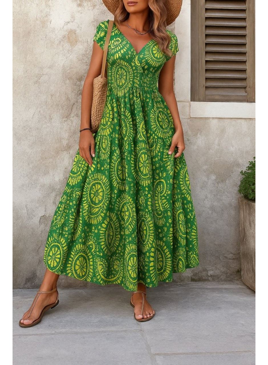 Kadın Kısa Yarasa Kanat Kollu V Yakalı Beli Büzgülü Süprem Elbise