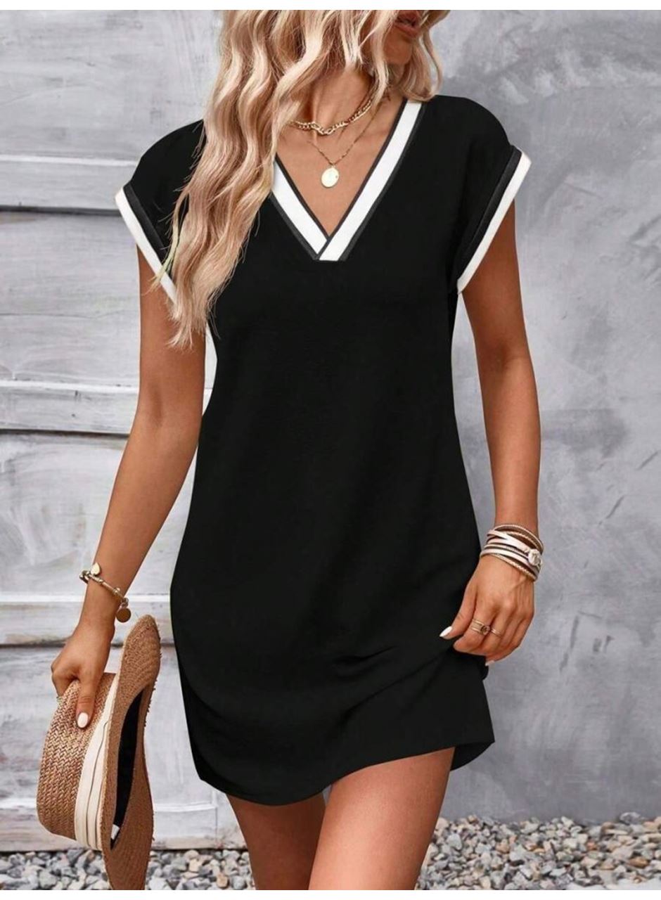 Kadın Kısa Kollu V Yakalı Ribanalı Modal Mini Elbise