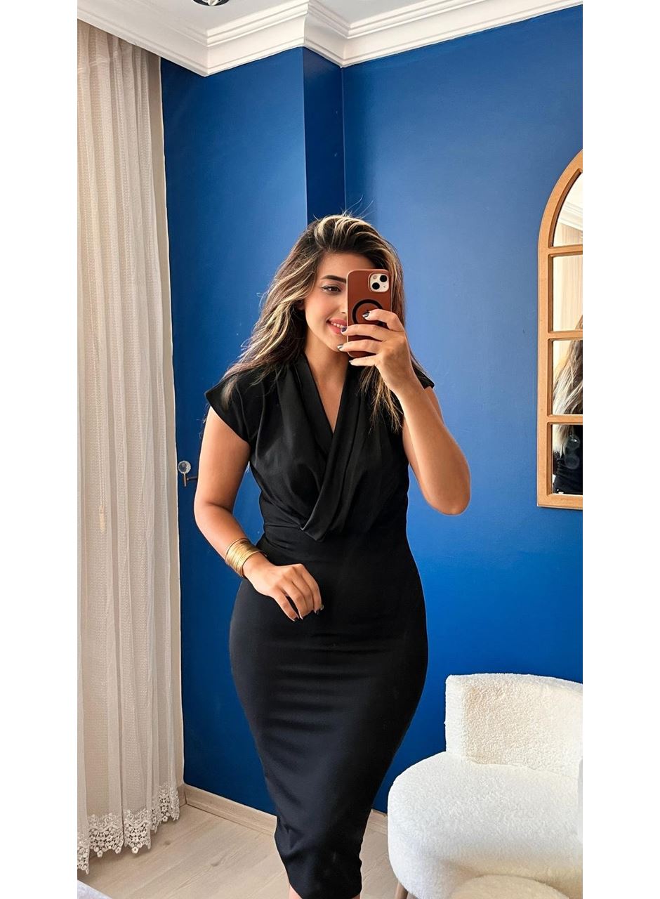 Kadın Kısa Kollu Kruvaze Yaka Krep Elbise (Kemersiz)