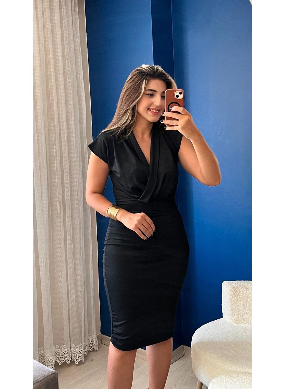 Kadın Kısa Kollu Kruvaze Yaka Krep Elbise (Kemersiz)