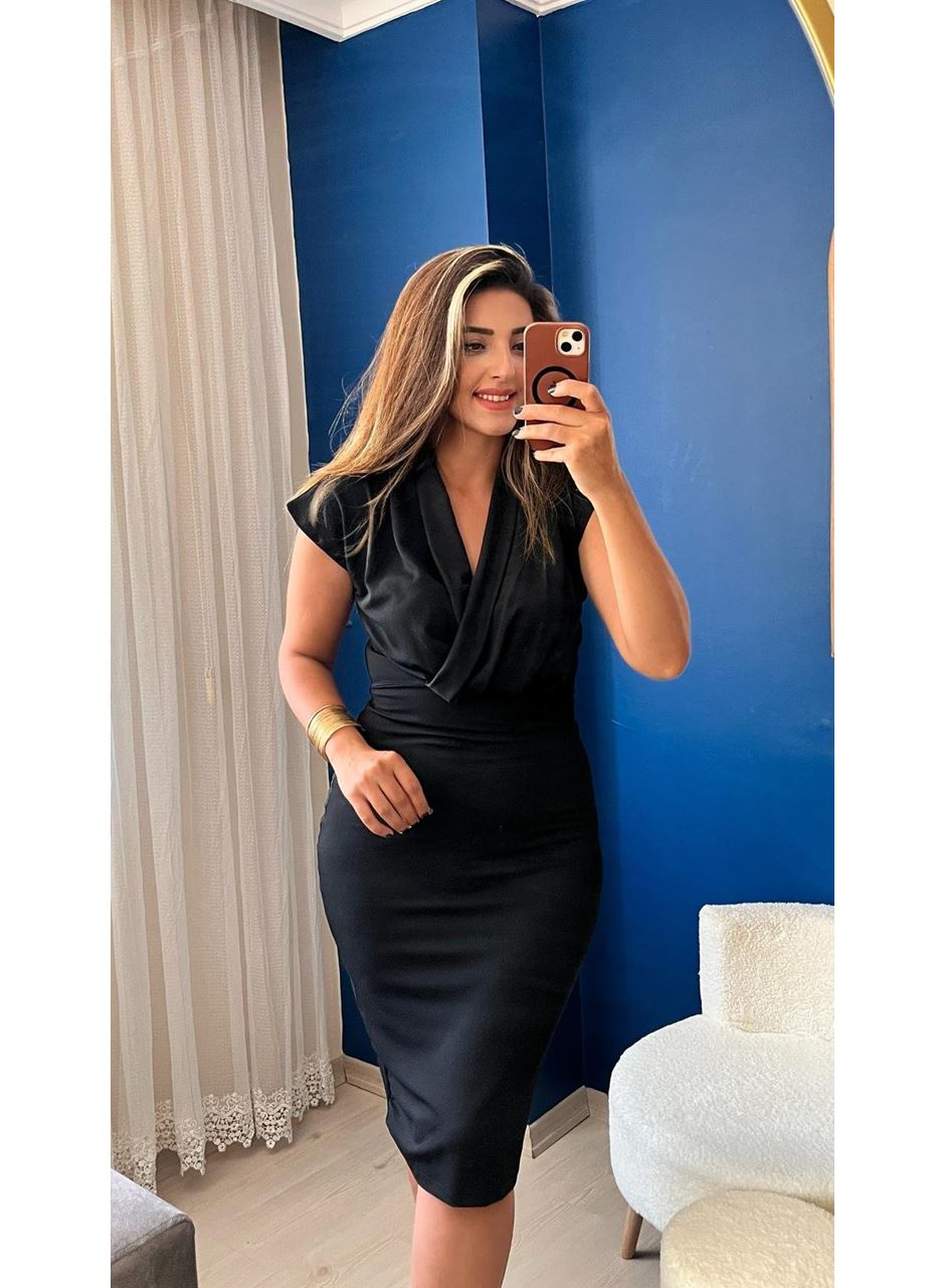 Kadın Kısa Kollu Kruvaze Yaka Krep Elbise (Kemersiz)